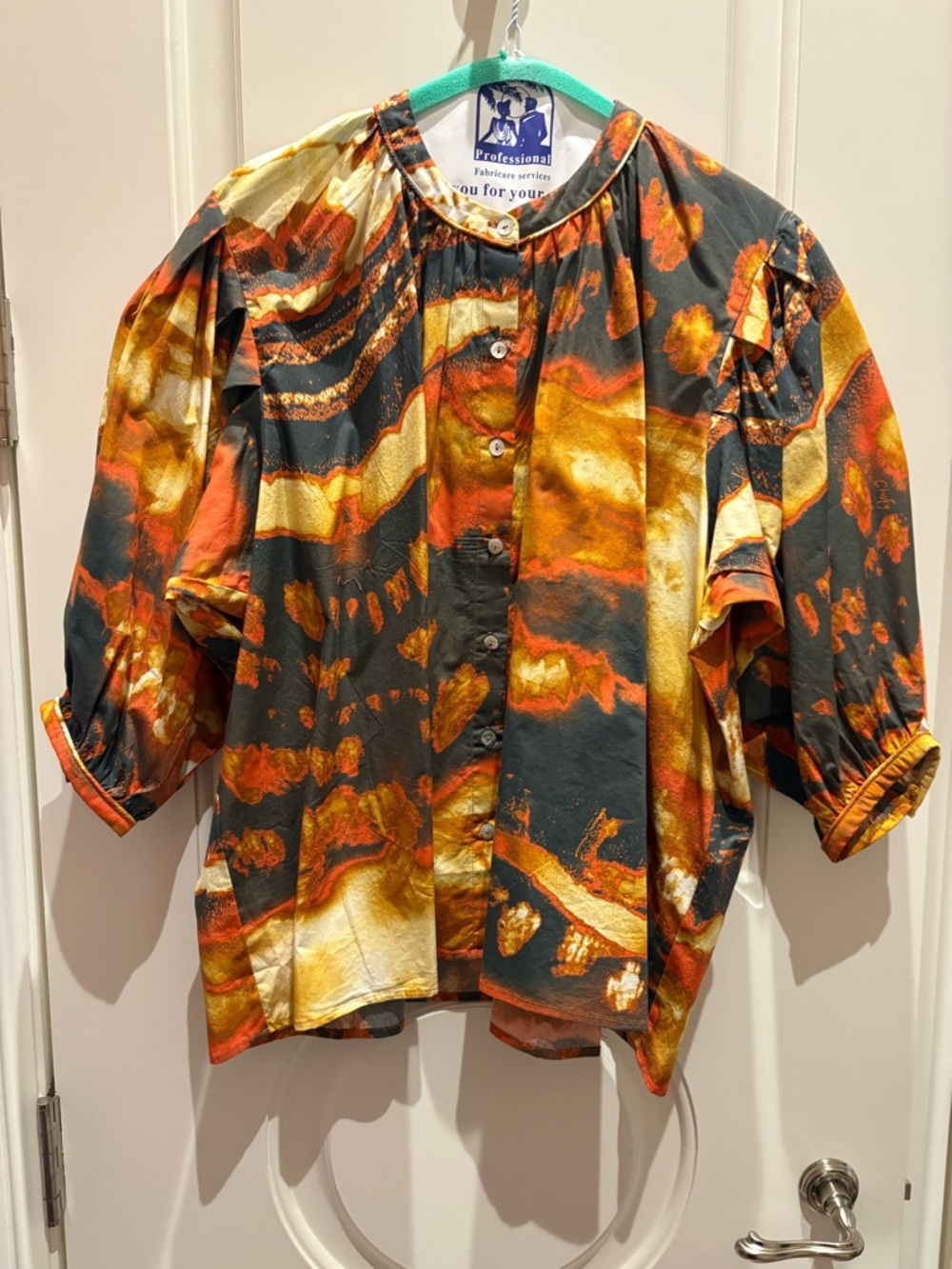 Abstract Short-Sleeve Button Front Blouse in Black, Orange & Gold
